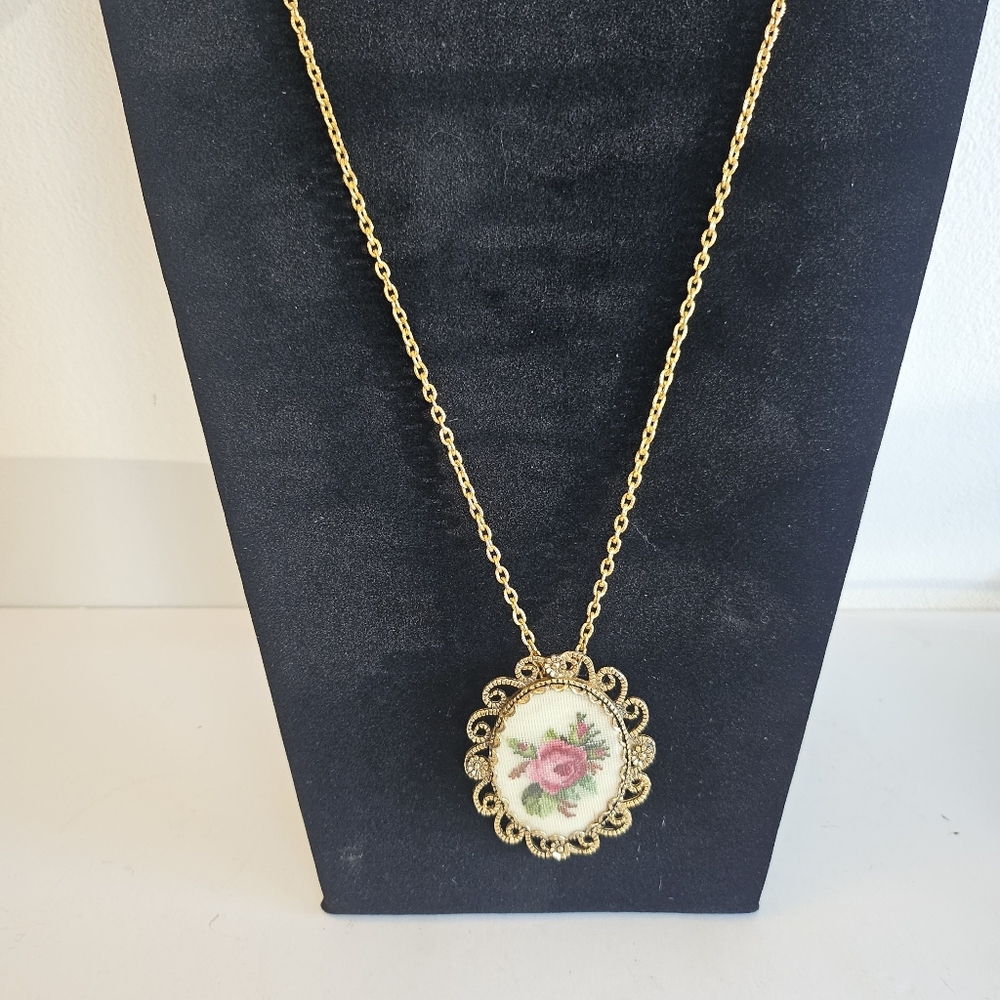 Vtg Petit Point Rose flower Brooch Necklace pendent Hand Embroidered gold Frame